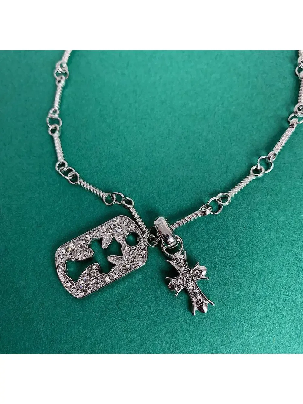Y2K Cyber Grunge Silver Cross Rhinestone Dog Tag Style Pendant Necklace